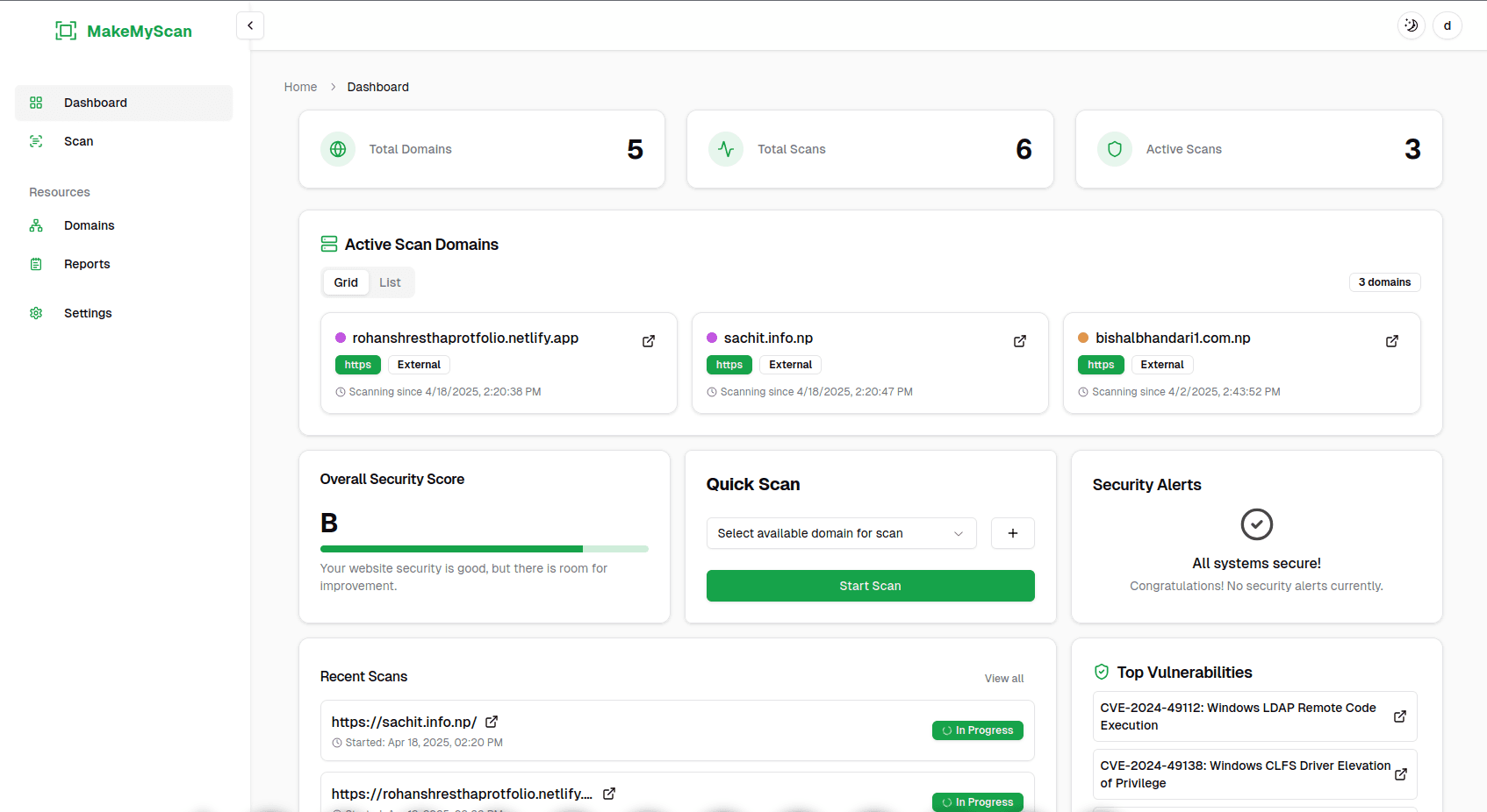 Security dashboard interface