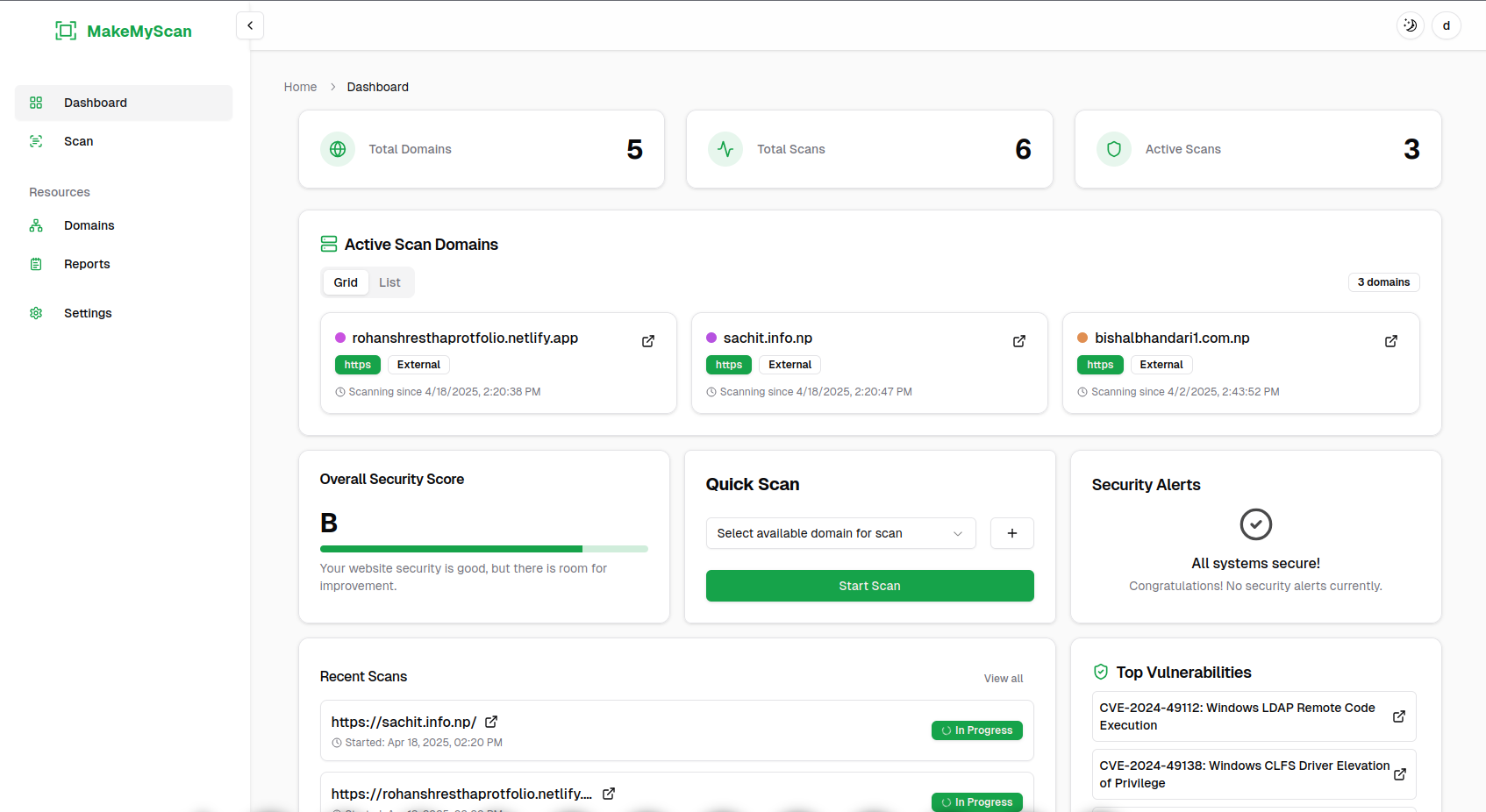 Security dashboard interface